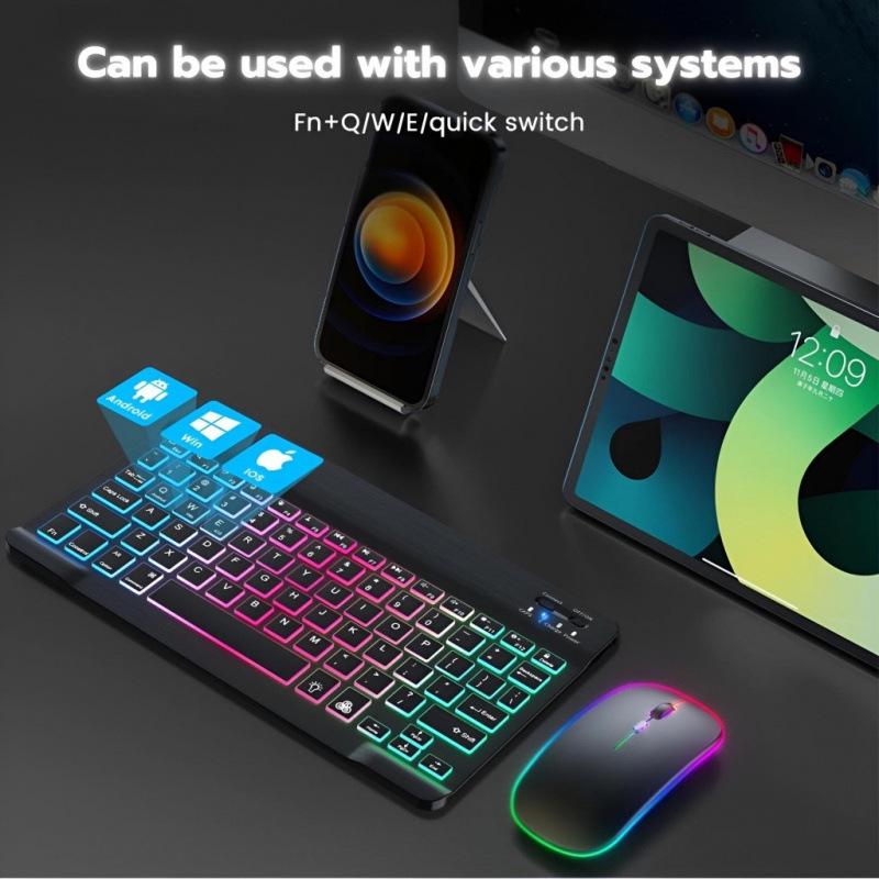 Русская Bluetooth-клавиатура и мышь с подсветкой, совместимые с iPad, телефонами, планшетами, с испанской и арабской раскладкой и семицветной подсветкой.