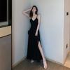 Strap Black Dress Sexy And Gentle V-Neck Base Retro Long Side Slit Dress