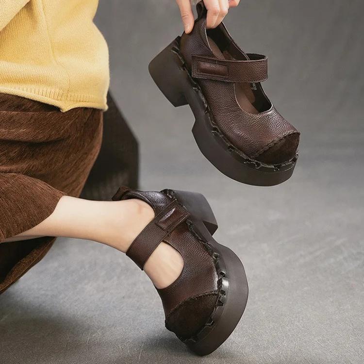 Johnature Женские туфли-лодочки на платформе, модные, с круглым носком, на высоком каблуке, из натуральной кожи, на толстой подошве