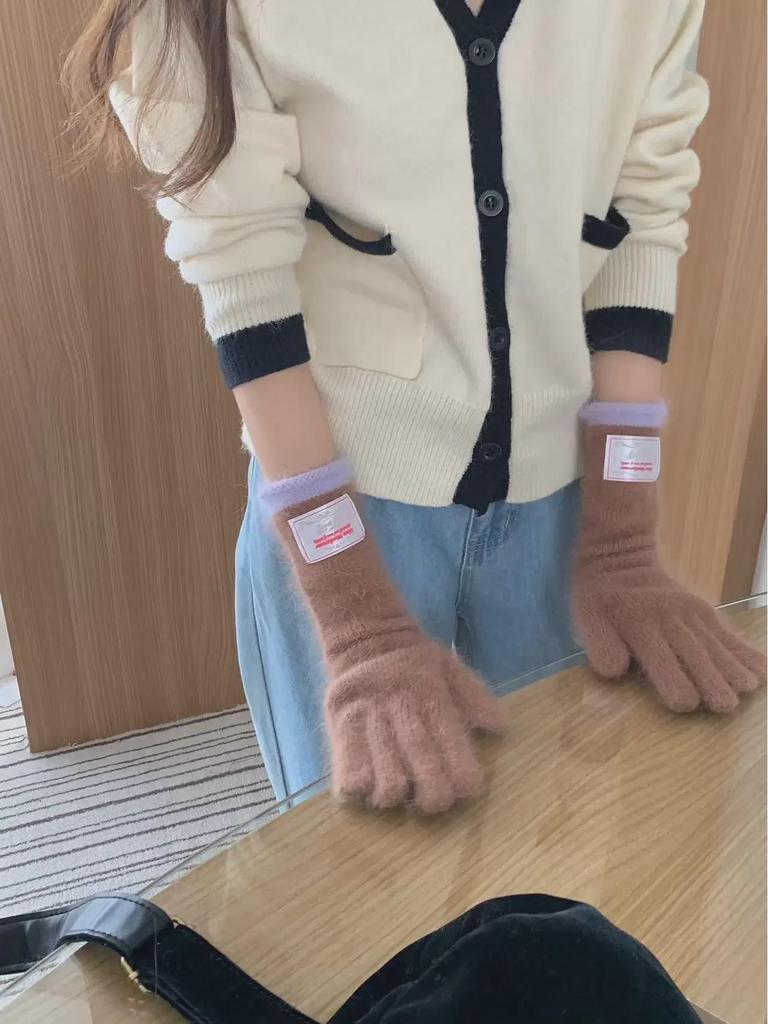 Women's Korean Style Colorblock Wool Long Gloves - Warm, Windproof, Five-Finger Design for Winter Cycling