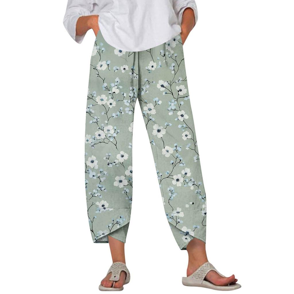 Брюки женские летние повседневные широкие брюки с эластичной резинкой на талии и принтом с карманами