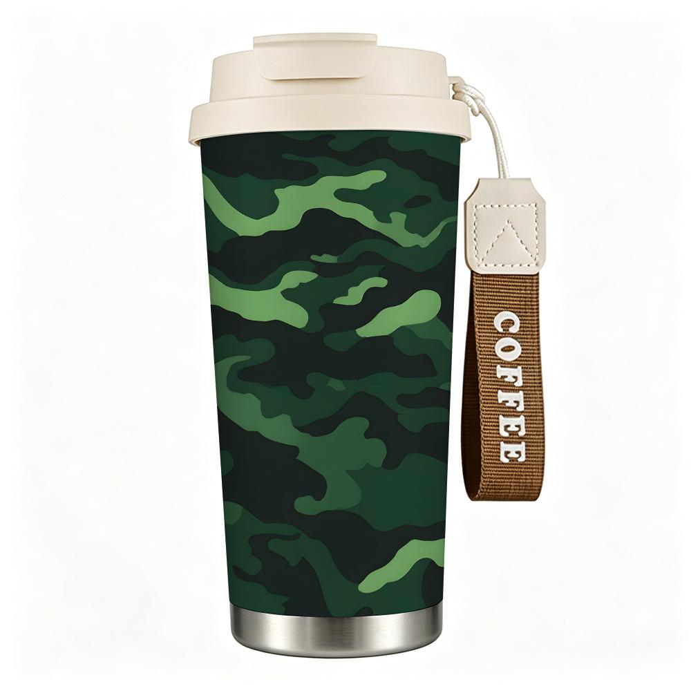 Green Camouflage Pattern Leakproof Insulated Coffee Tumbler Reusable Vacuum Thermal Mug Portable Travel Cup for Outdoor Hiking Camping