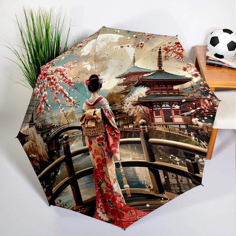 Japanese Sakura Geisha Umbrella Automatic Open/close, Sturdy Iron Frame & 8-Rib Struct, Umbrella for Women & Men, Christmas Gift
