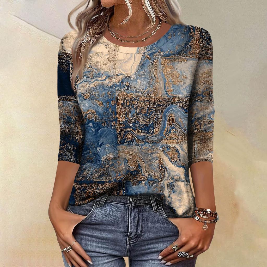 Trendy Vintage 3/4 Sleeve Top For Women ,Ladies Casual Three Quarter Sleeve Round Collar Printed T-Shirt Blouse