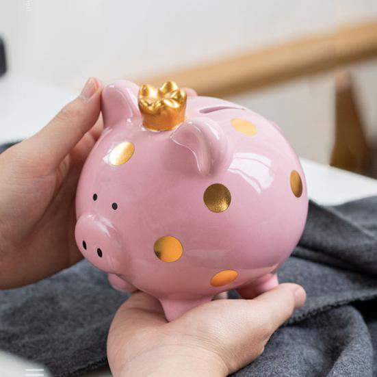 Ceramic Crown Pig Piggy Bank Golden Dot Cartoon Pig Coin Money Bank