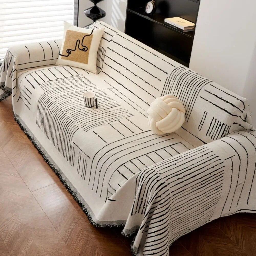 Black White Lines Couch Covers Luxury Sofa Cover Cloth Slipcover Non-Slip Cloth Sofa Cushion Blanket Decorative Dust Cover