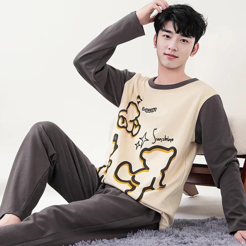 Милый пижамный комплект с рисунком панды для мужчин, хлопковый осенний комплект с длинными рукавами и круглым вырезом, ночная рубашка для осени и весны, домашняя одежда для мужчин