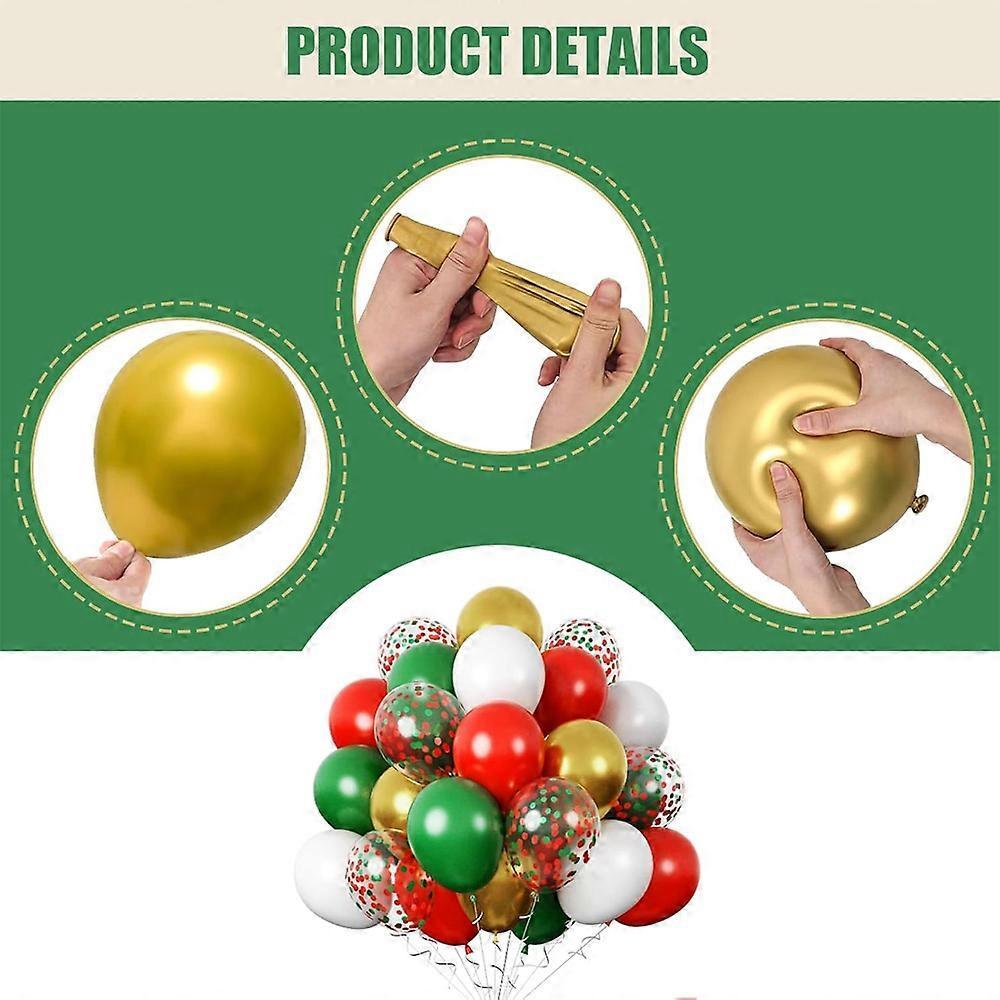 60 Party Balloons 12 Inch Red, Green, White and Clear Balloons with Ribbon for Decoration or Christmas Theme Party etc