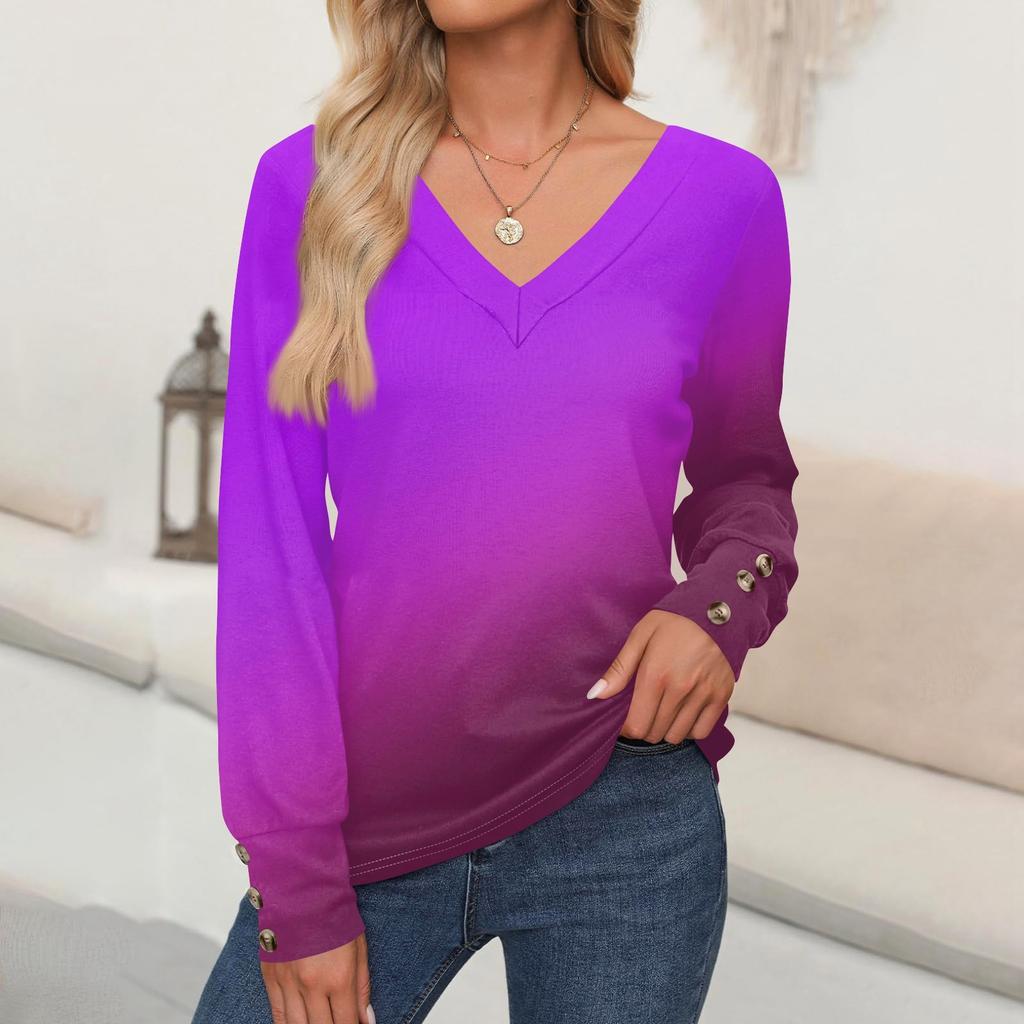 Women's Tops Gradient Printed Long Sleeve Shirt V Neck Casual Loose T-Shirt Autumn Clothing