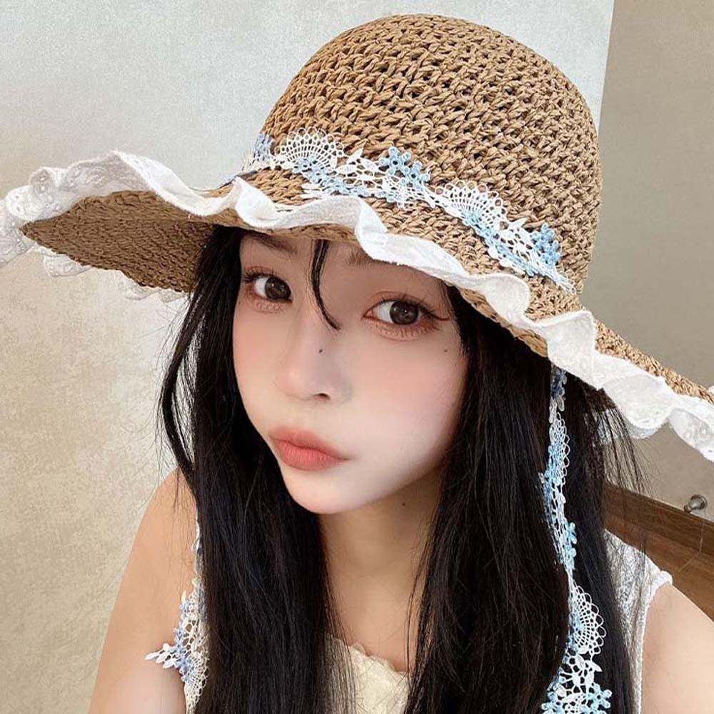 Breathable Vacation Beach Cap with Garland Woven Sun Cap Big Brimmed Straw Hat Masquerade
