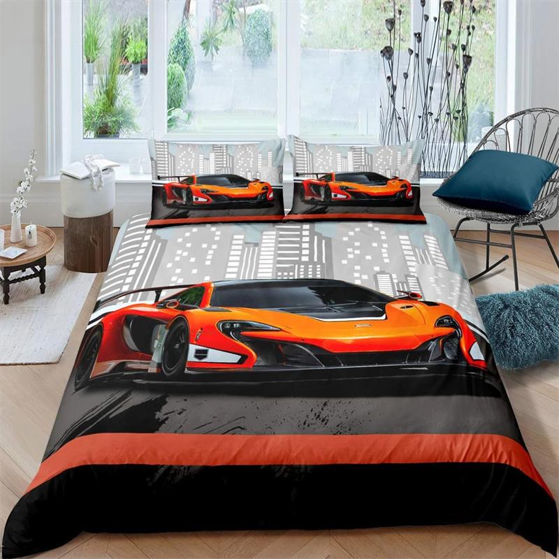 Race Car King Queen Duvet Cover Cool Speed Racing Bedding Set Teens Men Black Sport Car Quilt Cover Polyester Comforter Cover