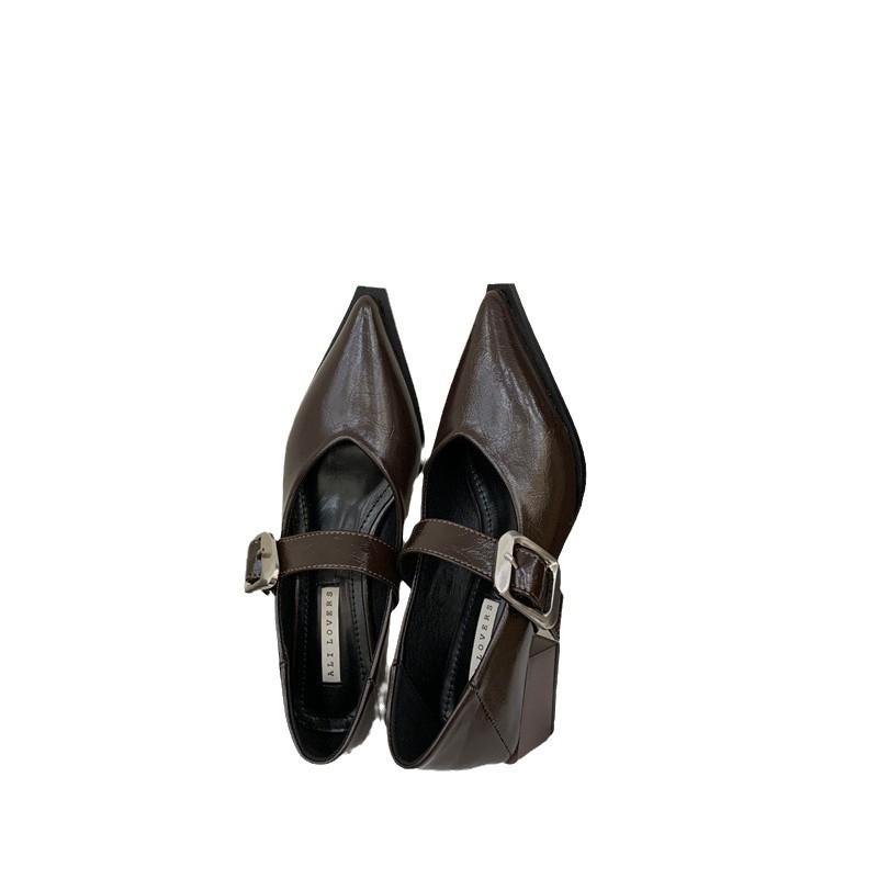 Остроносые туфли Мэри Джейн женские весенне-осенние новая модная обувь с ремешком и пряжкой, с открытым верхом, на толстом каблуке, из маленькой кожи