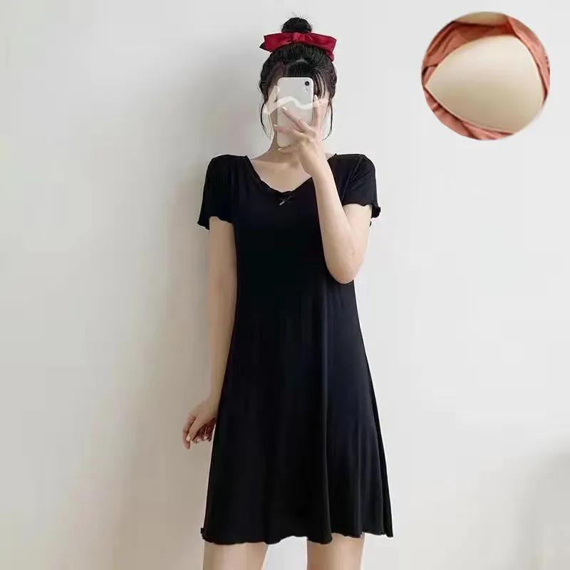 WTEMPO Ночная рубашка из модала с бюстгальтером, женская летняя тонкая свободная пижама с короткими рукавами, большие размеры, однотонная повседневная домашняя одежда