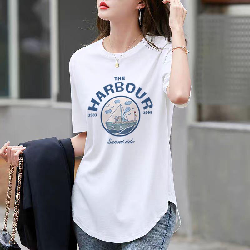 T-shirt Loose Top Black Cotton Round Neck Short Sleeve Women's Summer Curved Hem Split Fork Medium and Long Butt Cover