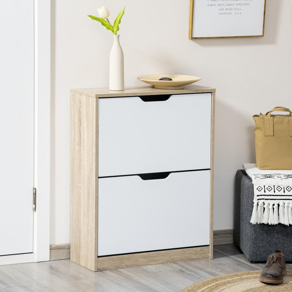 Wooden Shoe Cabinet, 2 Hinged Doors, 4 Shelves, for 8 Pairs, 62.5x26x81cm, White & Natural