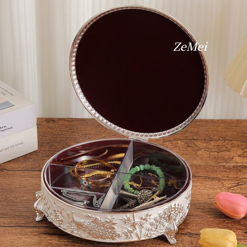 European-Style Alloy Jewelry Peacock Silver Storage Box,Earring Circle Organizer Jar Candy Container Dressing Table Decoration
