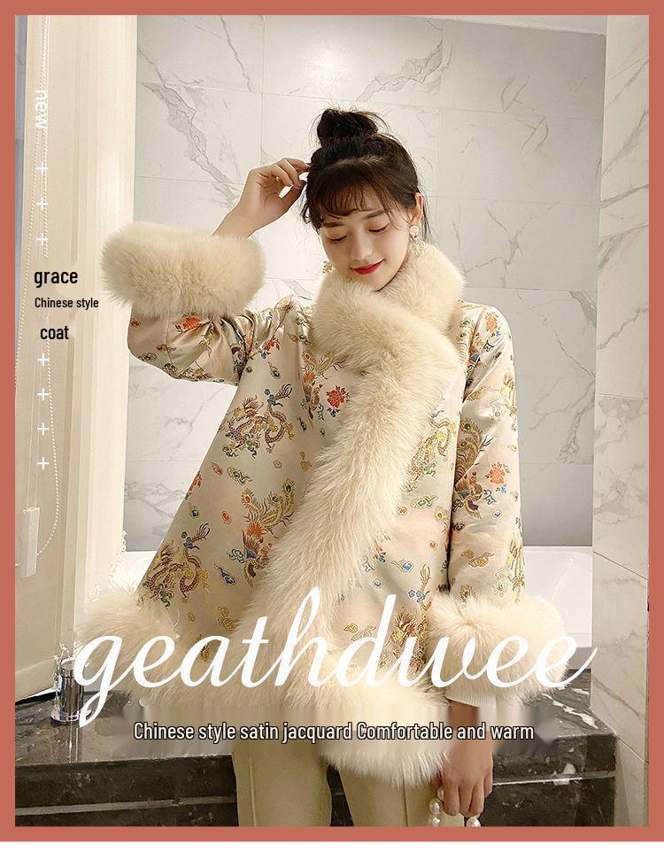 Зимнее пальто из искусственного меха в китайском стиле 2025 года: Женский атласный плащ Тан с бисером средней длины