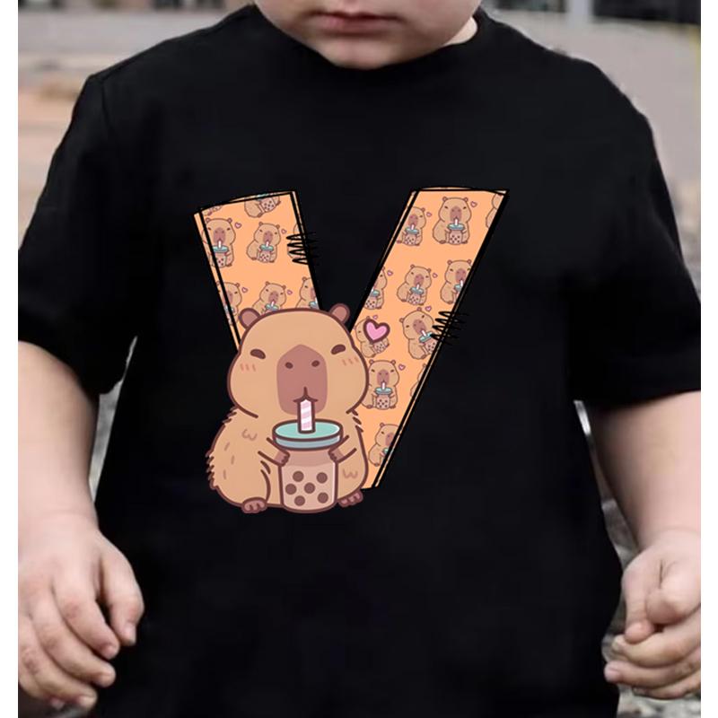 26 Capybara Alphabet Print Kids Tshirt Casual Funny Birthday Gift T Shirt Clothes Short Sleeve Y2K Tops Girls Boys Cotton Tee