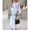 Summer New Women Clothes Seaside Holiday Style V-neck Horn Short Sleeve Waist Hugging Slimming Frill Long Dress