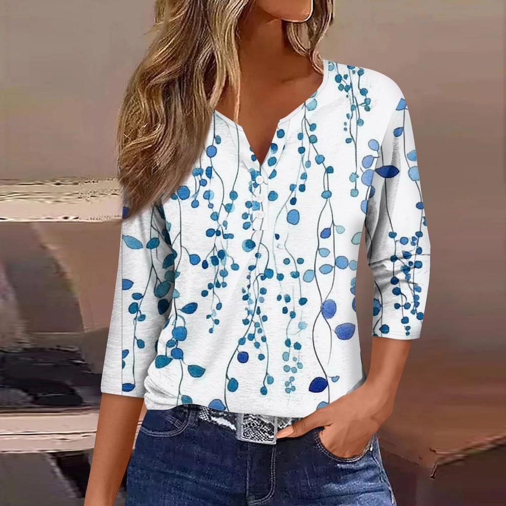 Женская модная повседневная футболка с цветочным принтом, V-образным вырезом, коротким рукавом, декоративными пуговицами и рукавом три четверти