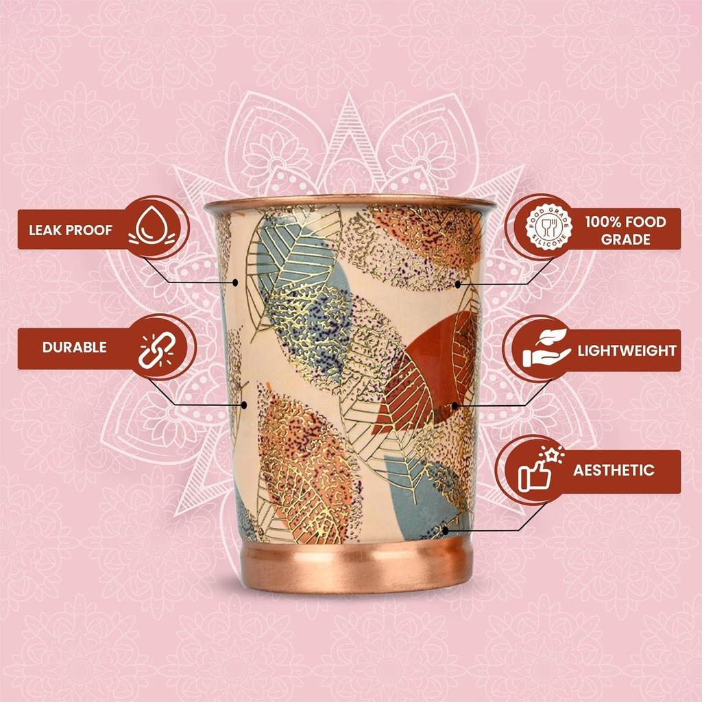 India Copper Premium Yellow Gold Leaf Design Set of Two Glass with Elegant Gift Box, 250 ML