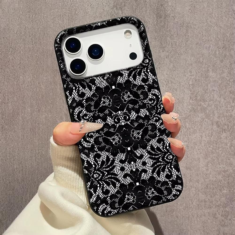 Черный чехол с кружевным узором для iPhone 17 Pro Max 16 Plus 15 Pro 14 11 13 12 11 16E 17Air XR XS Мягкий чехол с текстурой личи
