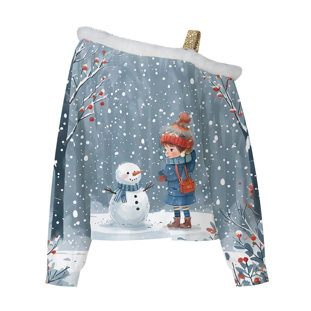 Женский повседневный свободный топ с длинными рукавами и рождественским принтом из плюша