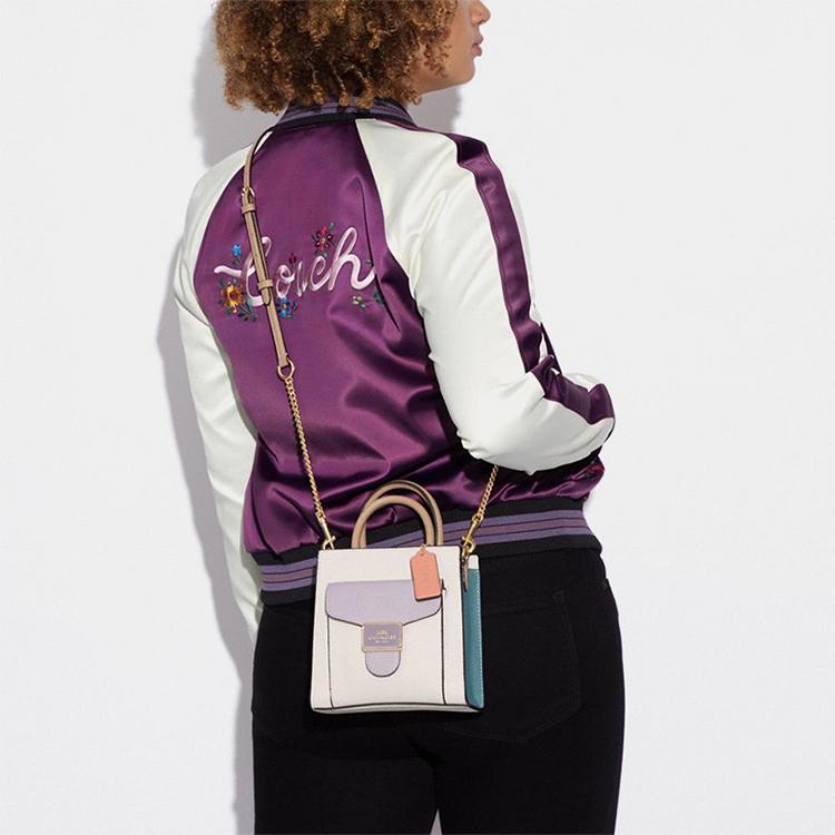Coach Перец 17 Цветной Блок Магнитная Застежка Съемный Ремень Через Плечо Кожаная Сумка-Клатч Музыкальные Ноты Женская сумка Белый Сиреневый CA620-IMCAH