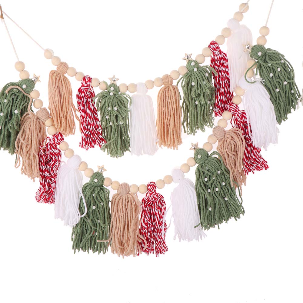 Wooden Beads Hanging Pendant Boho Style Tassel Banner Christmas Tassel Ornaments Home Decor