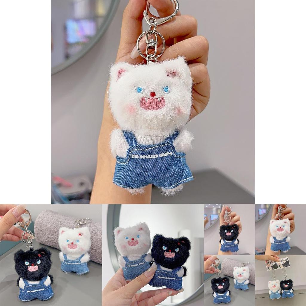 Plush Angry Cat Keychain With Denim Overalls For Anime Collectors And Gift Givers