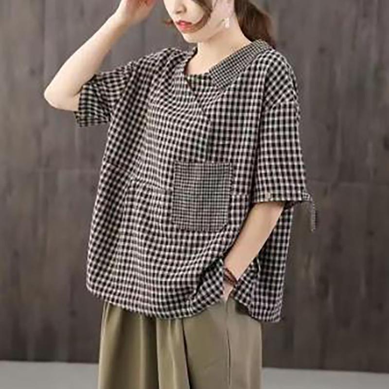 Модная хлопковая льняная футболка женская с коротким рукавом и полулацканами, летний тренд, винтажный карман, большой размер, свободная клетка
