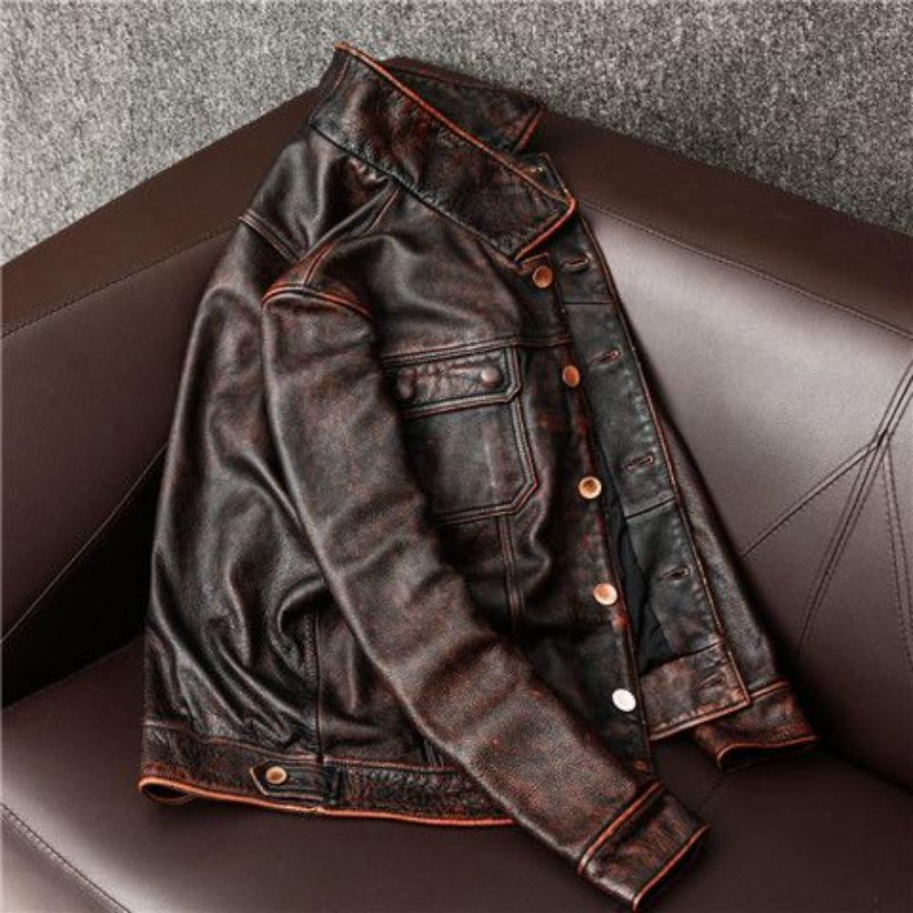 The First Layer of Cowhide Leather Jacket Men's Stone Grinding Retro Old Denim Leather Jacket Short Jacket
