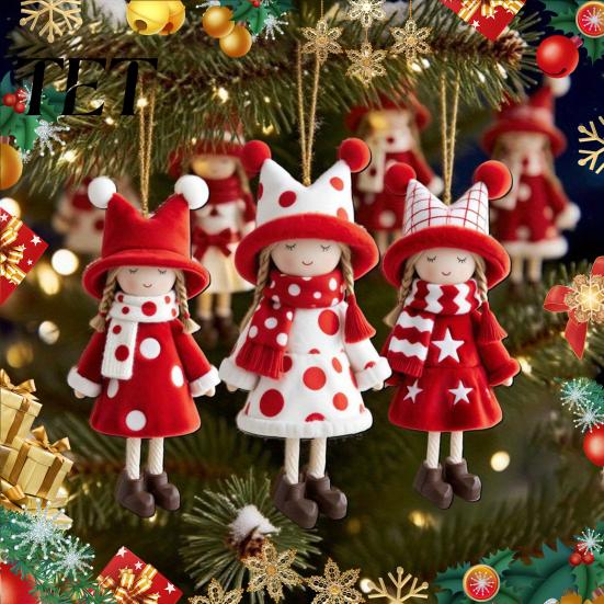 Indoor Hanging Decor Red And White Doll Pendants for Christmas Tree, Decorative Wooden Girls Holiday Symbols Ornament, Seasonal Tree Ornaments