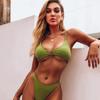 Women Triangle Oversize Split Bikini Set Suit Tie Side G-String Thong Swimsuit Suspenders Green Solid Color