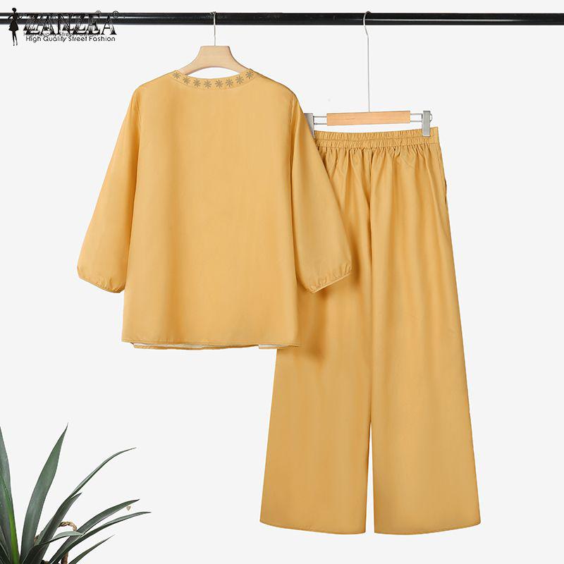 ZANZEA Женский повседневный комплект из двух частей: блузка с длинным рукавом и брюки с принтом