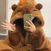 Cartoon Capybara Long Pajama Set - Warm Coral Fleece Robe for Winter Loungewear