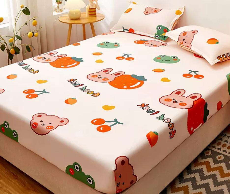 Bed Fitted Sheet with Elastic Rubber Washed Cotton Cartoon Animal Print Fitted Sheet + 2pcs Pillowcases 15 Sizes Mattress Cover