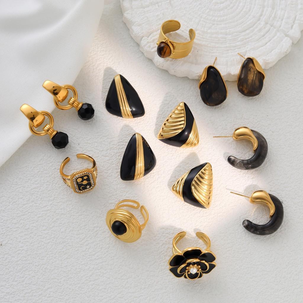 GEMCHIC Women's Fashion Geometric Black Onyx Tiger Eye Ring Earrings Set Stainless Steel Gold Plated Jewelry