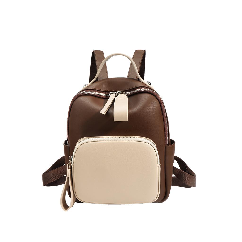 Retro Simple Contrasting Color Splicing Leather Small Backpack Women's Backpack Commuter Light Travel Bag Soft Cowhide Schoolbag
