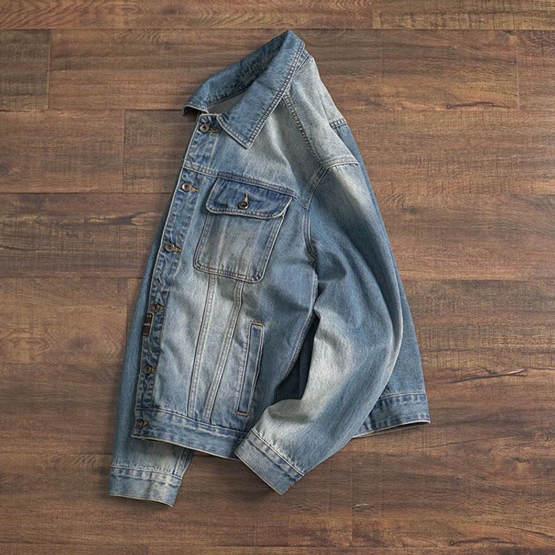 Retro Thickened Workwear Denim Jacket for Men, Autumn and Winter Short Style, Export Men's Clothing, Washed, Structured Shoulder, Stiff Jacket