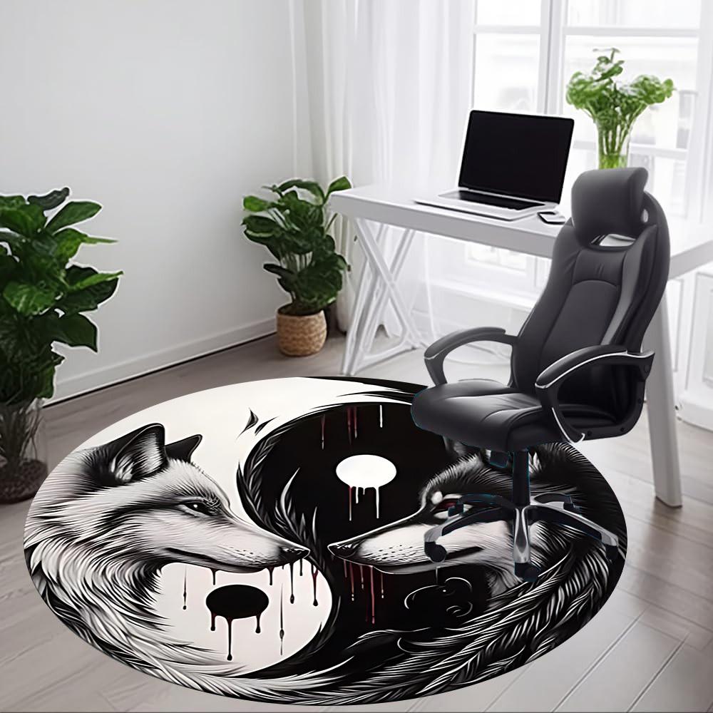 1pc Wolf YinYang Office Round Area Rug, Under Office Chairs Bedroom Living Room Home Decor, Room Deco