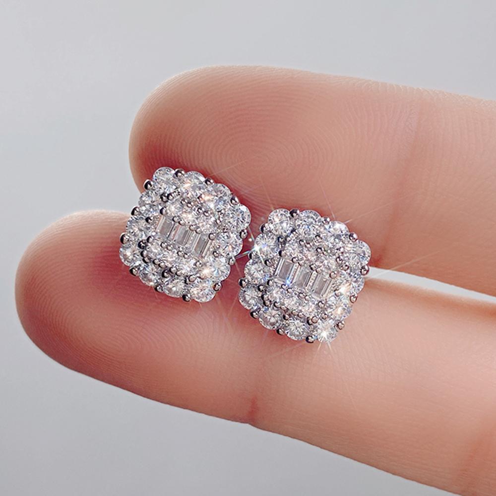 Новые ослепительные серьги-гвоздики с кубическим цирконием, роскошные серебряные серьги с геометрическим рисунком для женщин, универсальный аксессуар, свадебные украшения