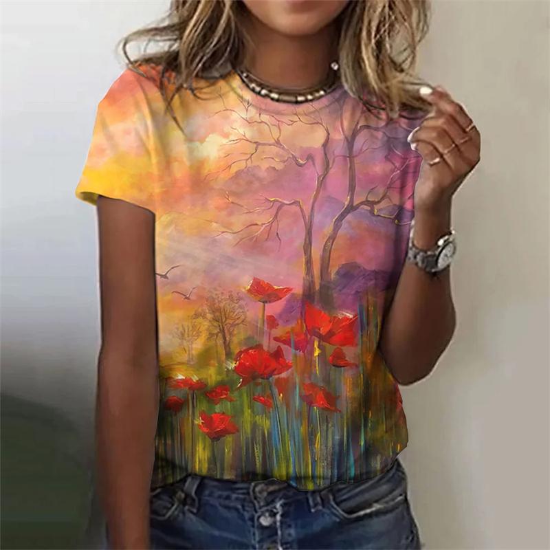 Летний топ с круглым вырезом и 3D-цветочным принтом, модные повседневные женские футболки с короткими рукавами