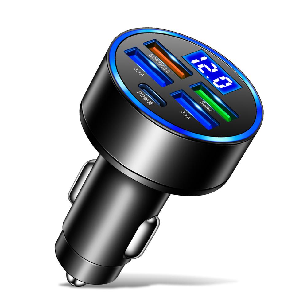 66W Display Voltage Car Charger 4 Ports USB Fast Charging Quick Charge 3.0 USB Cigarette Lighter Plug For iPhone Xiaomi Huawei