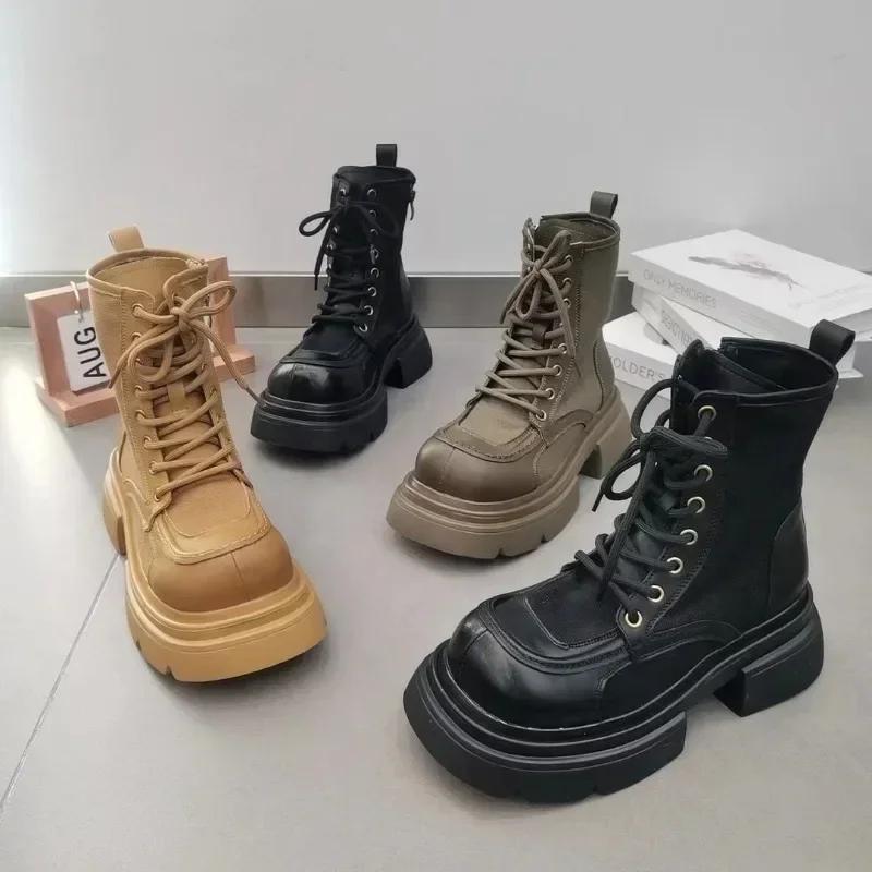 Ankle Boots for Women Chunky Platform Motorcycle Booties Female Shoes Designer Round Toe Short Boots Ladies Lace Up Work Boots