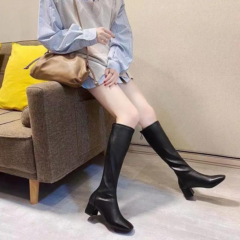 Модные женские длинные сапоги с квадратным носком, качественная кожа ПУ, New Rock, весна 2024, женские сапоги-чулки до колена, по акции, демисезонные, для работы