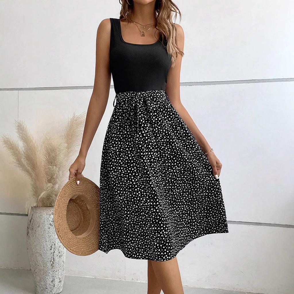 Women Summer Casual Sleeveless Dot Printed Holiday Beach One Piece Dress