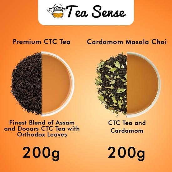 TEA SENSE CTC Combo Pack | Премиальный чай CTC с молоком 200 г | Кардамоновый масала-чай 200 г | Изысканный чай-чай из Ассама