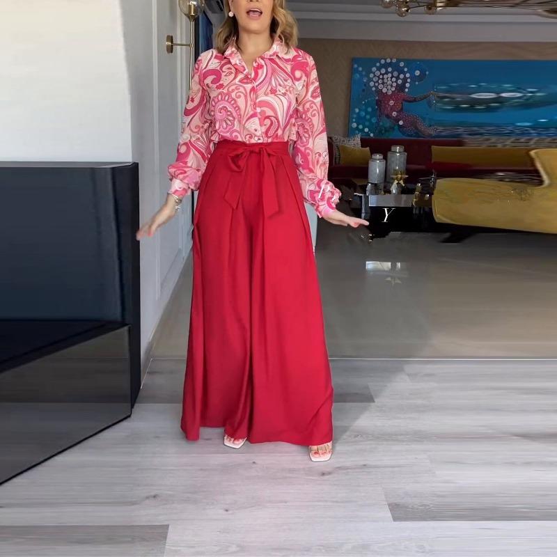 INDFS Women's Fashion Casual Spring Fall Long Sleeve POLO Neck Blouses & Shirts Trousers Pants Suits