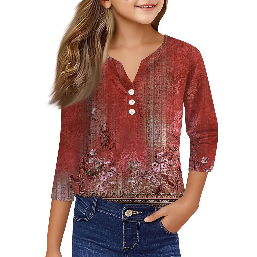 Повседневные модные топы для девочек с принтом, футболка с семью рукавами и пуговицами